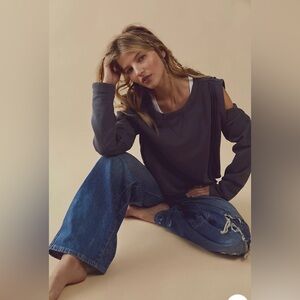 Free People Davis Cold Shoulder Pullover Sweatshirt Charcoal Gray Size Large